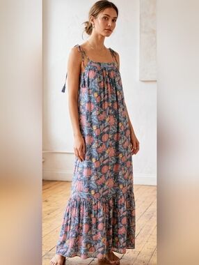 LOFT Blue Floral Crisscross Tie-Strap Maxi Dress - Size S - Tiered Skirt